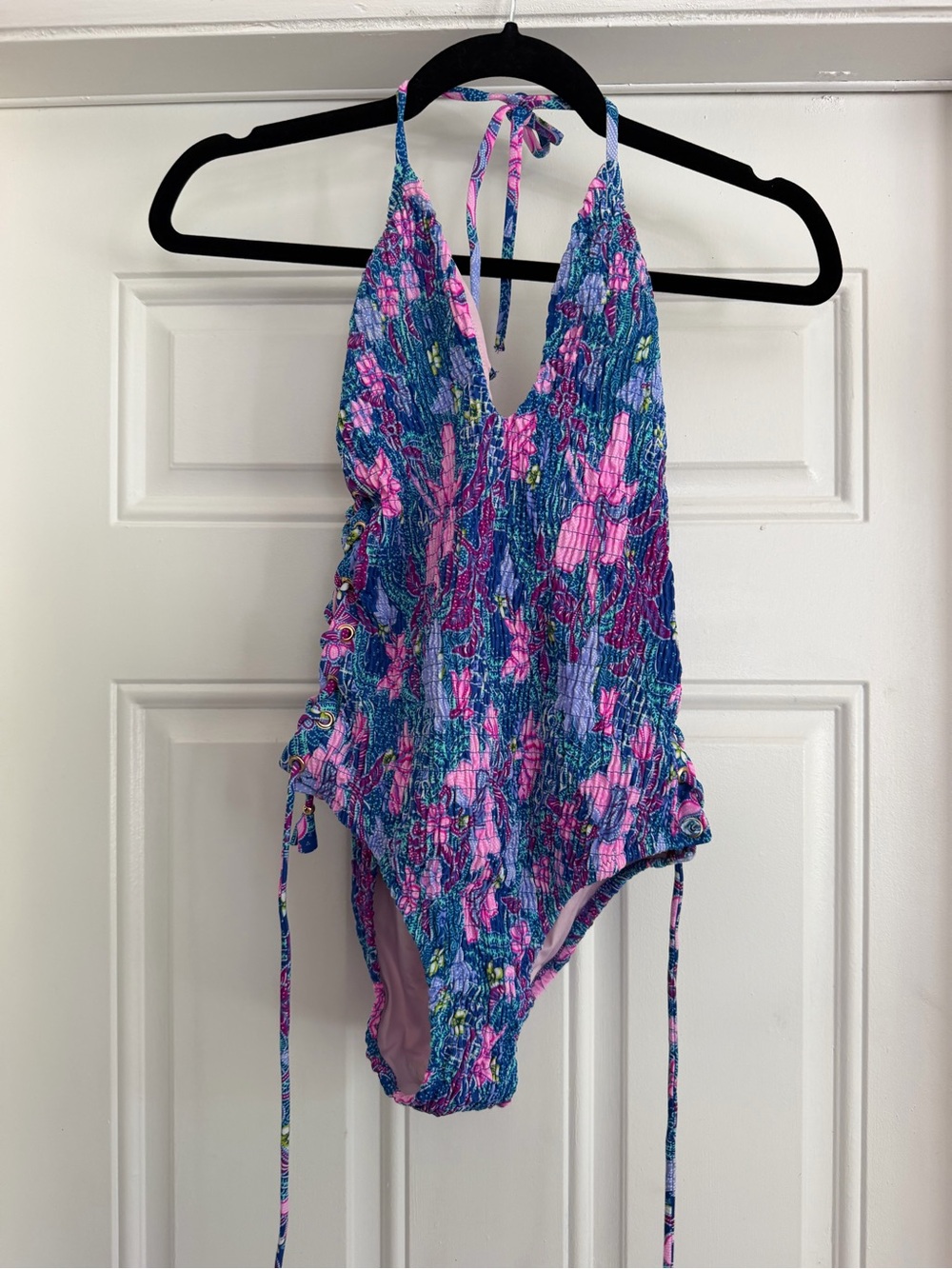 Victoria's Secret Blue & Pink Smocked Halter One-Piece Swimsuit